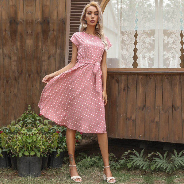 Summer Women Polka Dot Short Sleeve Dress Casual Bandage Party Pleated Summer Women Polka Dot Short Sleeve Dress Casual Bandage Party Pleated