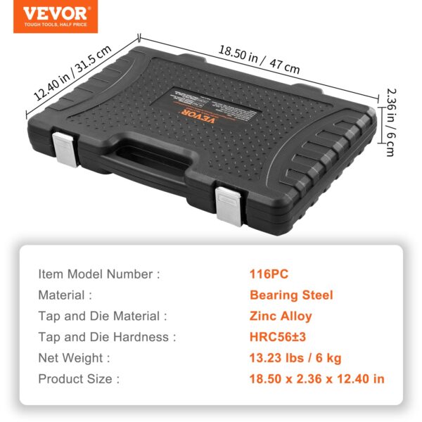 Tap and Die Set 116-Piece Include Metric SAE Size Bearing Steel Taps