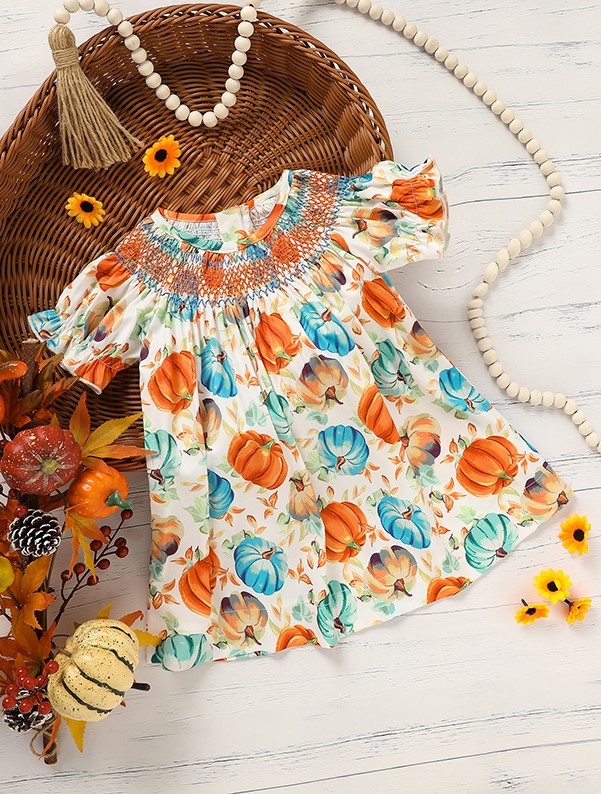 Toddler Baby Girl Pumpkin Smocked Dress Fall Thanksgiving Halloween