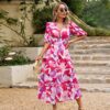V-neck Printed Short-sleeved Long Dress Summer Fashion Slim Seaside