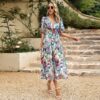 V-neck Printed Short-sleeved Long Dress Summer Fashion Slim Seaside