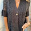 V-neck Single-button Half-sleeved Cardigan Hollow Out Knitted Tops
