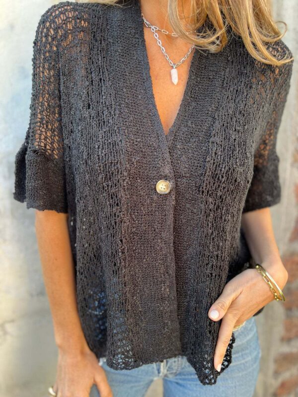 V-neck Single-button Half-sleeved Cardigan Hollow Out Knitted Tops