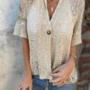 V-neck Single-button Half-sleeved Cardigan Hollow Out Knitted Tops
