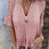 V-neck Single-button Half-sleeved Cardigan Hollow Out Knitted Tops