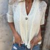 V-neck Single-button Half-sleeved Cardigan Hollow Out Knitted Tops