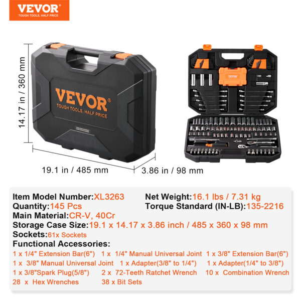 VEVOR Mechanics Tool Set and Socket Drive Deep Standard Sockets 145 Pcs VEVOR Mechanics Tool Set and Socket Drive Deep Standard Sockets 145 Pcs