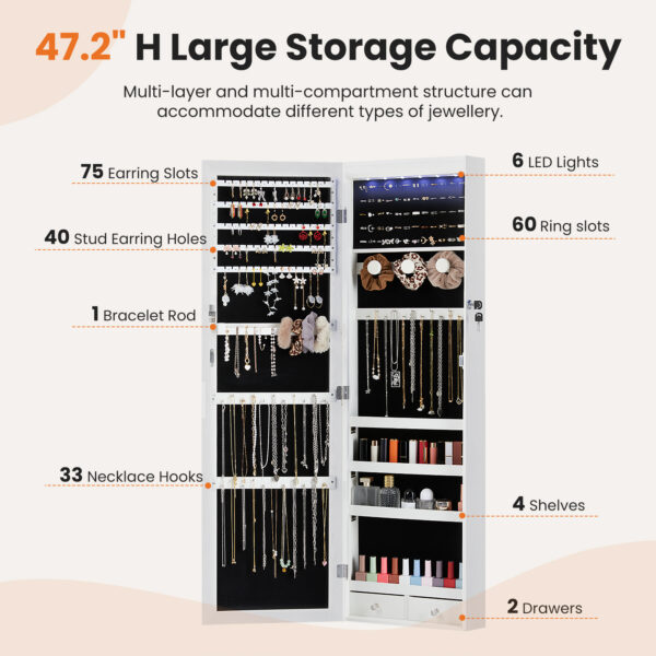 Wall-door Mounted Jewelry Wardrobe Large Capacity Mirror and LED Light