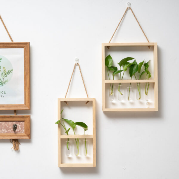 Wall Hanging Wooden Frame Glass Hydroponic Vase Creative Retro Bedroom