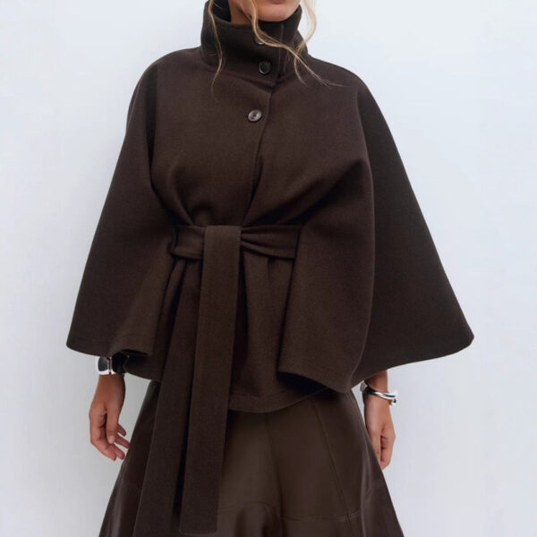 Winter High Neck Batwing Sleeve Coat with Belt Fashion Loose Elegant