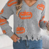 Women Color Block Pumpkin Distressed Long Sleeve Pullover Sweater