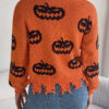 Women Color Block Pumpkin Distressed Long Sleeve Pullover Sweater