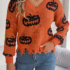 Women Color Block Pumpkin Distressed Long Sleeve Pullover Sweater