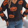 Women Color Block Pumpkin Distressed Long Sleeve Pullover Sweater