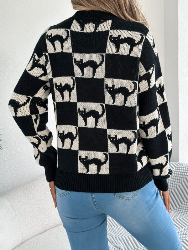 Women Halloween Plaid Lantern Sleeve Long Pullover Sweater