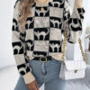 Women Halloween Plaid Lantern Sleeve Long Pullover Sweater