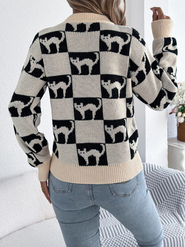 Women Halloween Plaid Lantern Sleeve Long Pullover Sweater