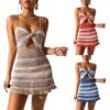 Women Knitted Spaghetti Strap Dress Summer Stripes Twisted Crochet