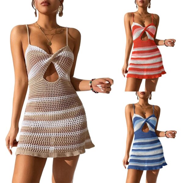 Women Knitted Spaghetti Strap Dress Summer Stripes Twisted Crochet
