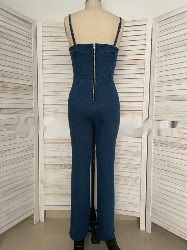 Women Sleeveless Denim Jumpsuit V Neck Wide Leg Flared High Waist Back