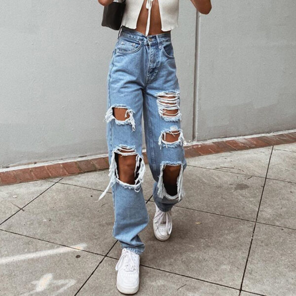 Women's American Retro Hole-punched Jeans Women High Waist