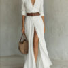 Women's Casual V-neck Long Dress with High Side Split - Versatile Loose