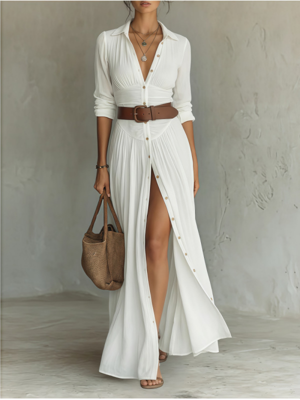 Women's Casual V-neck Long Dress with High Side Split - Versatile Loose