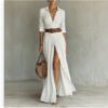 Women's Casual V-neck Long Dress with High Side Split - Versatile Loose