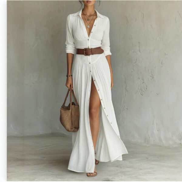Women's Casual V-neck Long Dress with High Side Split - Versatile Loose