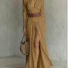 Women's Casual V-neck Long Dress with High Side Split - Versatile Loose