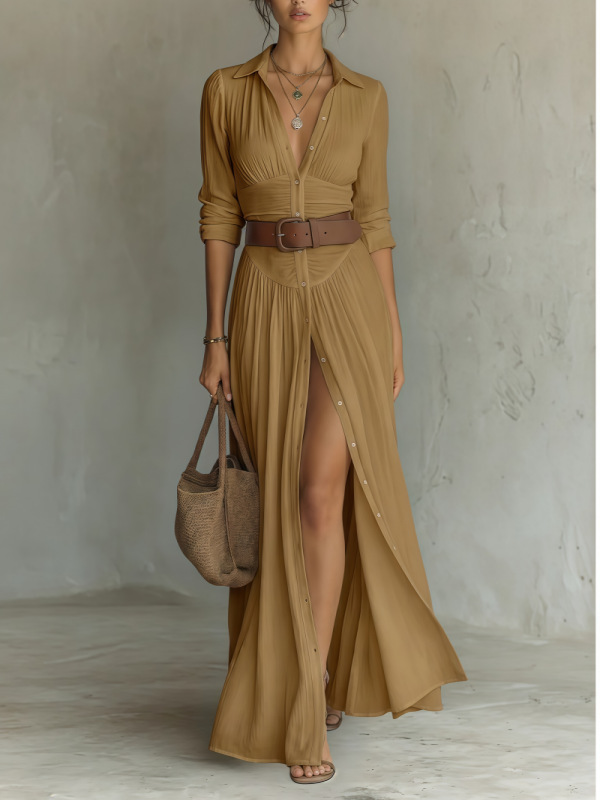 Women's Casual V-neck Long Dress with High Side Split - Versatile Loose