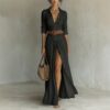 Women's Casual V-neck Long Dress with High Side Split - Versatile Loose