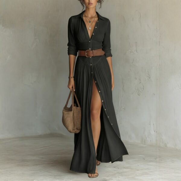 Women's Casual V-neck Long Dress with High Side Split - Versatile Loose