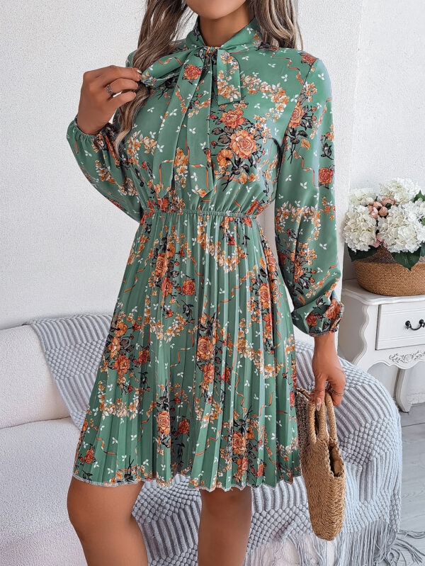 Women's Elegant Floral Tie-waist Long Sleeve Pleated Maxi Dress