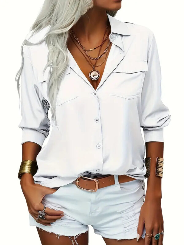 Women's Elegant Solid Chiffon Blouse Spring Summer Casual Long Sleeve V