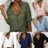 Women's Elegant Solid Chiffon Blouse Spring Summer Casual Long Sleeve V