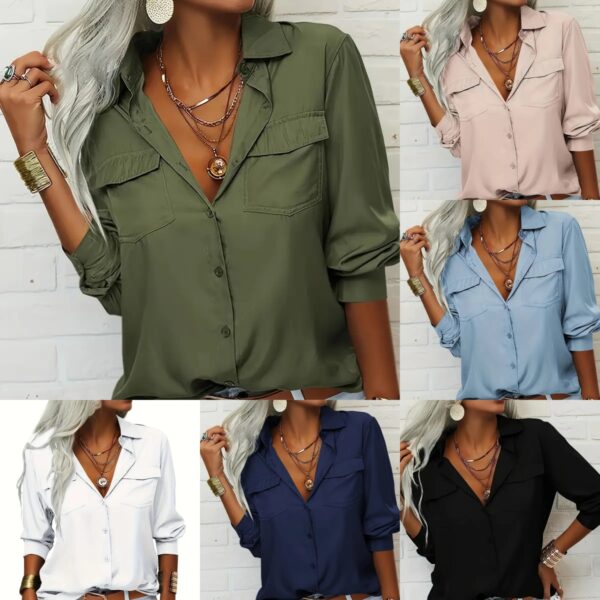 Women's Elegant Solid Chiffon Blouse Spring Summer Casual Long Sleeve V