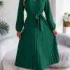Women's Elegant V-neck Button Tie-waist Flared Pleated Maxi Dress Women's Elegant V-neck Button Tie-waist Flared Pleated Maxi Dress