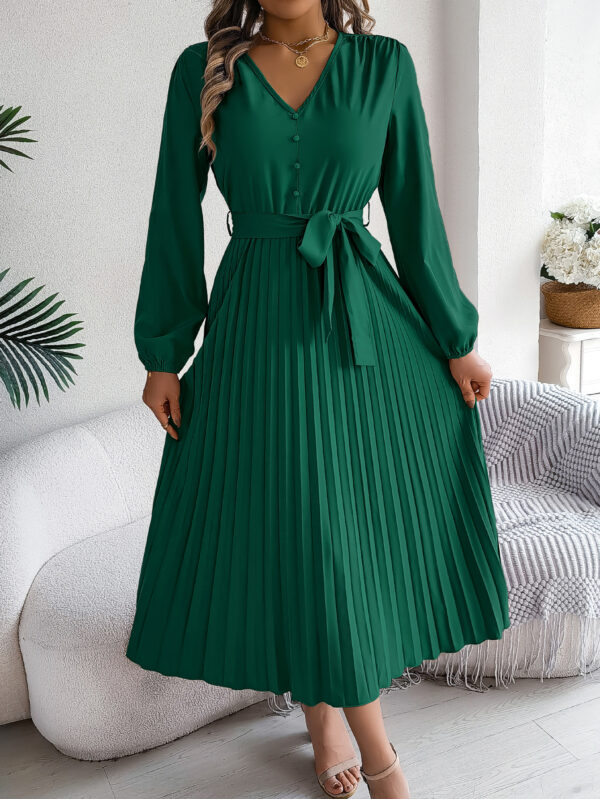 Women's Elegant V-neck Button Tie-waist Flared Pleated Maxi Dress