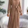 Women's Elegant V-neck Button Tie-waist Flared Pleated Maxi Dress Women's Elegant V-neck Button Tie-waist Flared Pleated Maxi Dress