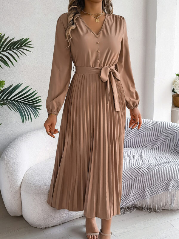 Women's Elegant V-neck Button Tie-waist Flared Pleated Maxi Dress Women's Elegant V-neck Button Tie-waist Flared Pleated Maxi Dress