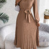 Women's Elegant V-neck Button Tie-waist Flared Pleated Maxi Dress Women's Elegant V-neck Button Tie-waist Flared Pleated Maxi Dress