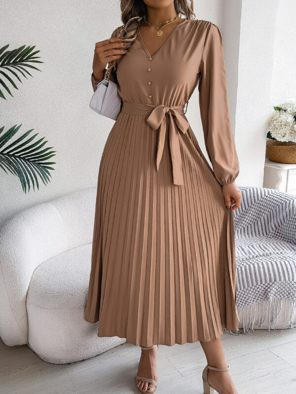 Women's Elegant V-neck Button Tie-waist Flared Pleated Maxi Dress Women's Elegant V-neck Button Tie-waist Flared Pleated Maxi Dress