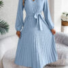 Women's Elegant V-neck Button Tie-waist Flared Pleated Maxi Dress Women's Elegant V-neck Button Tie-waist Flared Pleated Maxi Dress