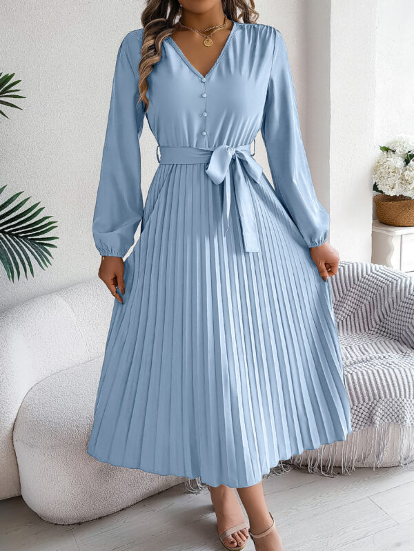 Women's Elegant V-neck Button Tie-waist Flared Pleated Maxi Dress Women's Elegant V-neck Button Tie-waist Flared Pleated Maxi Dress