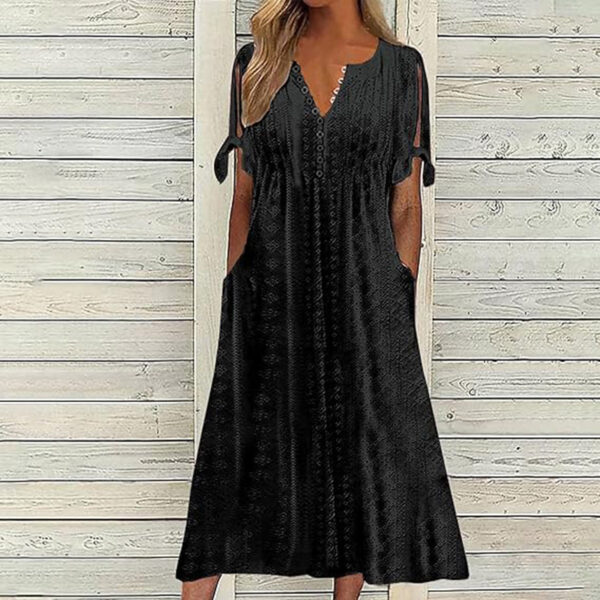 Women's Eyelet V-neck Maxi Dress Short Sleeve Flowy A-line Summer Beach