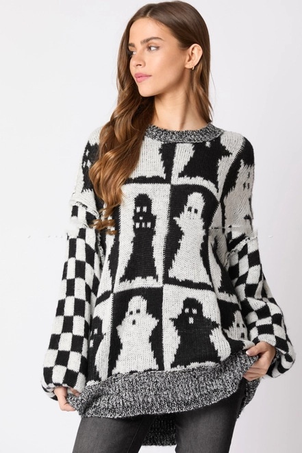Women's Pullovers Halloween Ghost Plaid Crew Neck Sweater Women's Pullovers Halloween Ghost Plaid Crew Neck Sweater