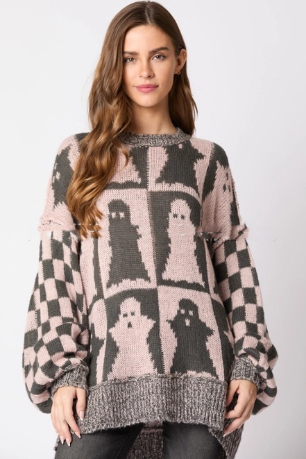 Women's Pullovers Halloween Ghost Plaid Crew Neck Sweater Women's Pullovers Halloween Ghost Plaid Crew Neck Sweater