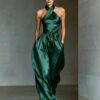 Women's Satin High-end Waist-cinching Slit Strap Solid Color Evening