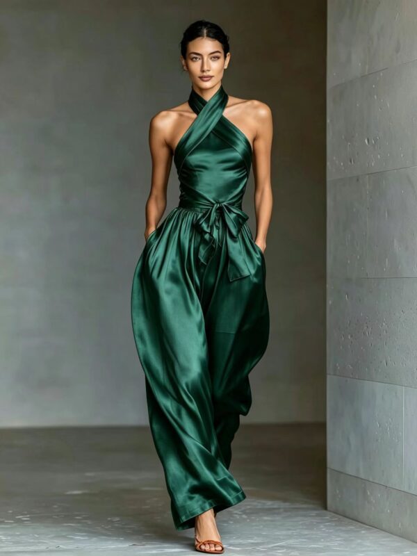 Women's Satin High-end Waist-cinching Slit Strap Solid Color Evening